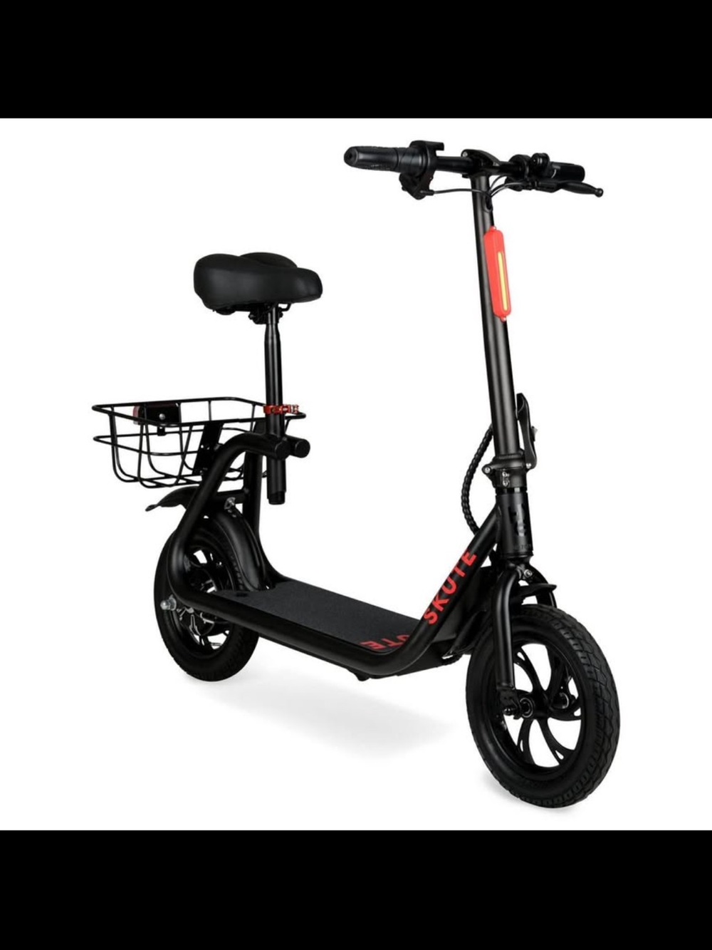 Black Electric Scooter with Seat and Rear Basket